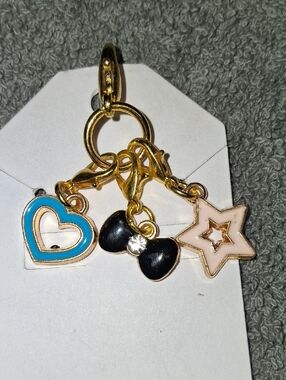 Gold Charm Keycharm with Blue Heart, Black Bow & Pink Star